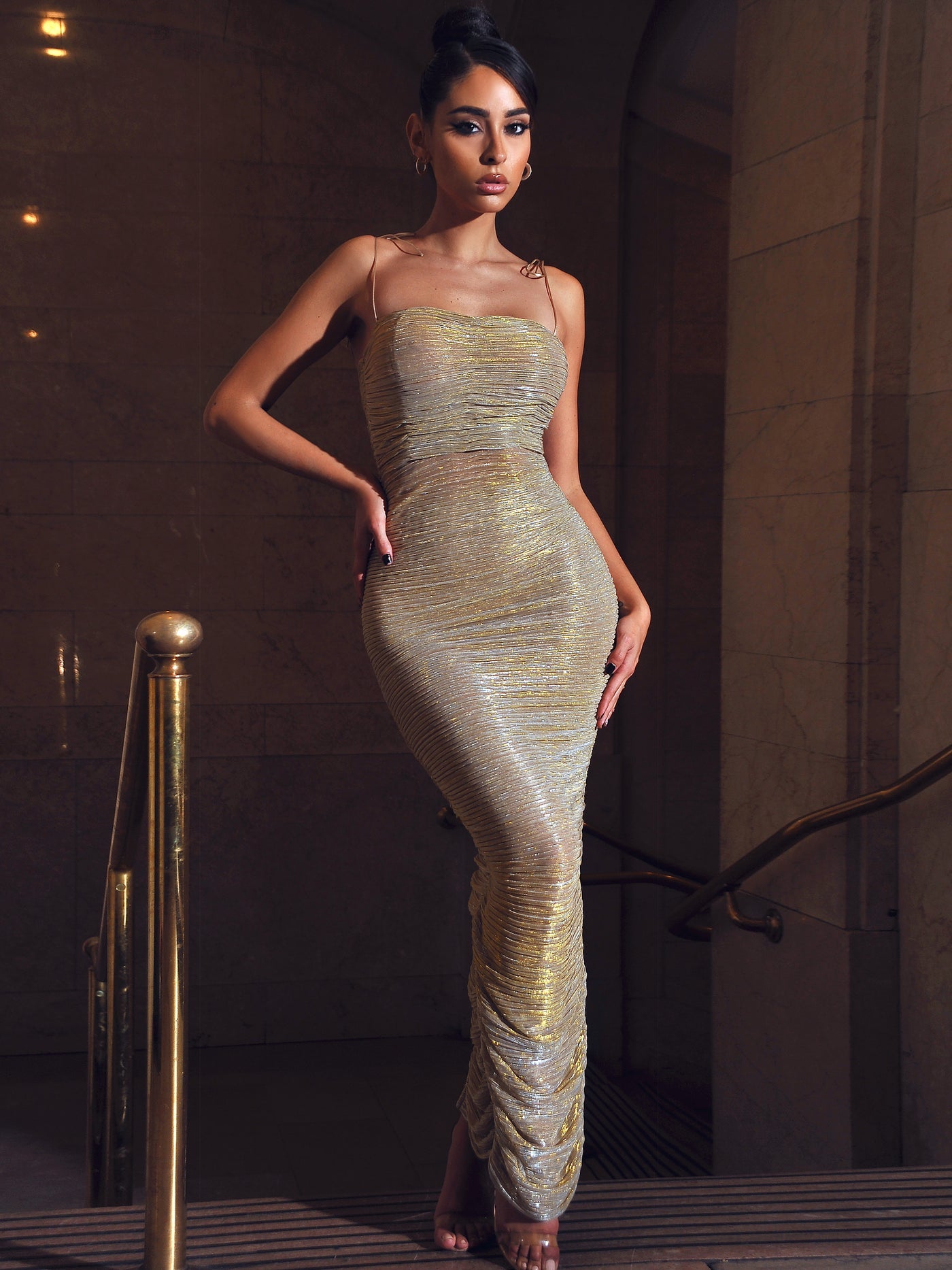Aubrey Ruched Shimmer Chiffon Gown X Gold