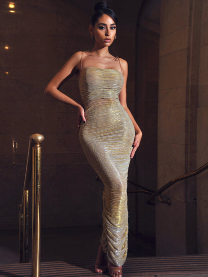 Aubrey Ruched Shimmer Chiffon Gown X Gold