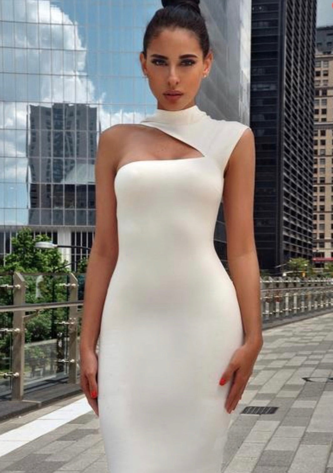 Aria Asymmetric Neck Detail Dress x White