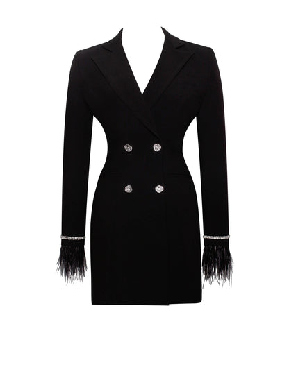 PRE-ORDER Isabella Feather Crystal Sleeve Backless Blazer Dress x Noir