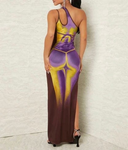 Rio Body Heat One Shoulder Cut Out Maxi Dress x Brown
