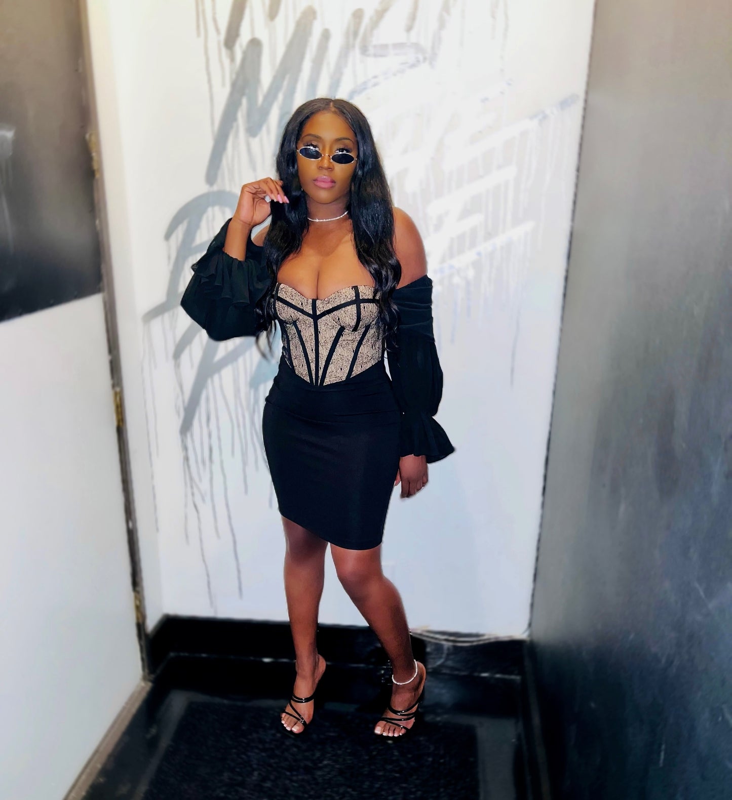 Zora Lace Corset Off Shoulder Dress x Black