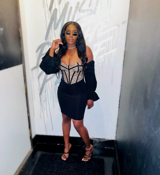 Zora Lace Corset Off Shoulder Dress x Black