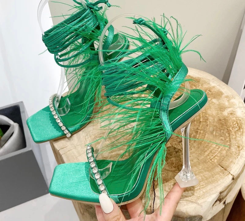 PRE-ORDER Premadonna Feather Rhinestone Strappy Heels