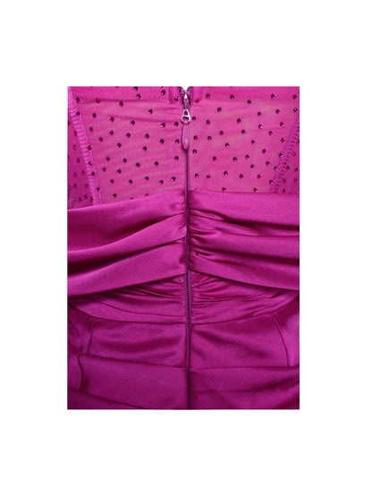 PRE-ORDER Elena Off Shoulder Corset Satin Dress with Crystals x Fuschia