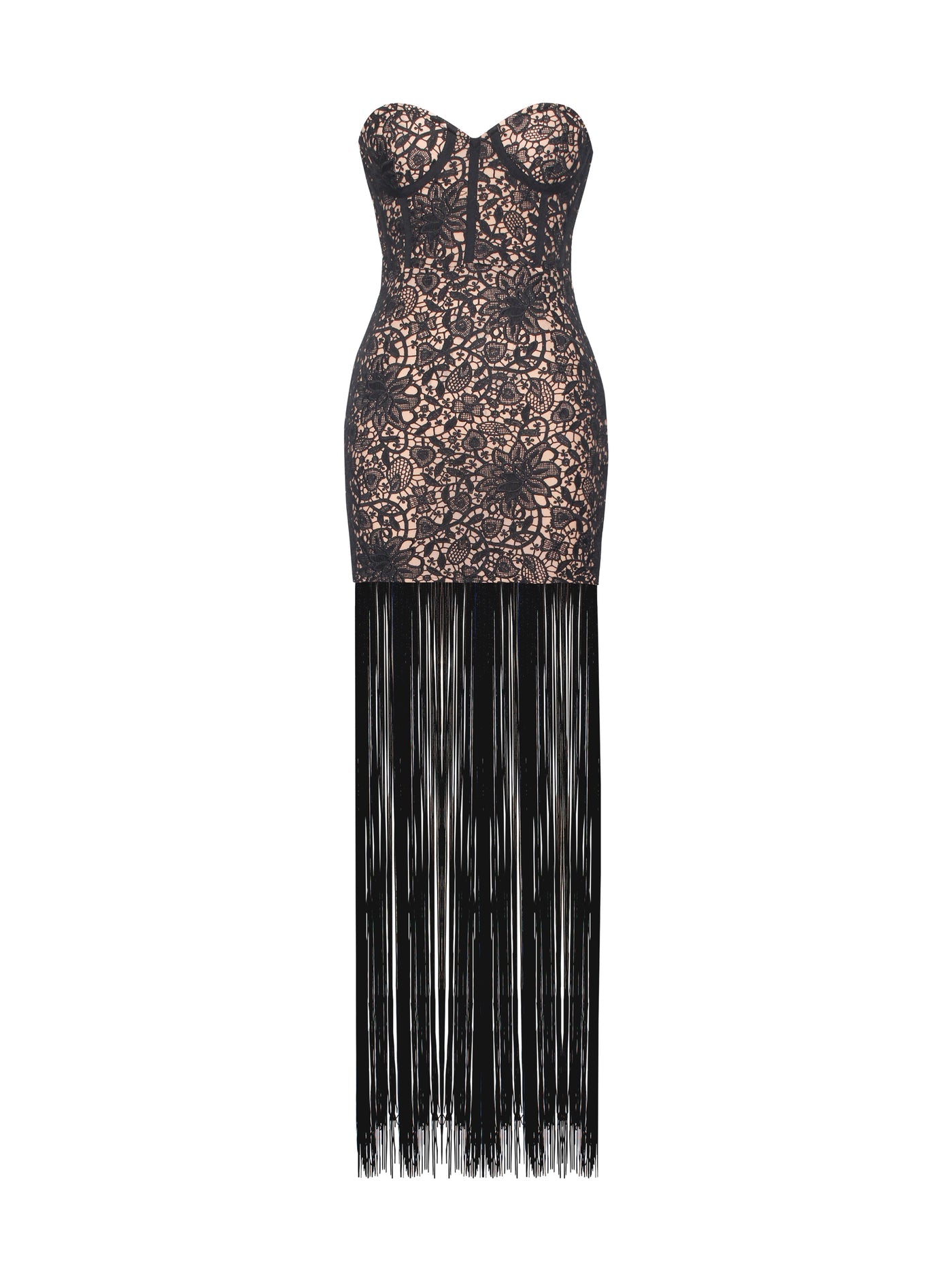 PRE-ORDER String Me Along Lace Fringed Strapless Dress x Black