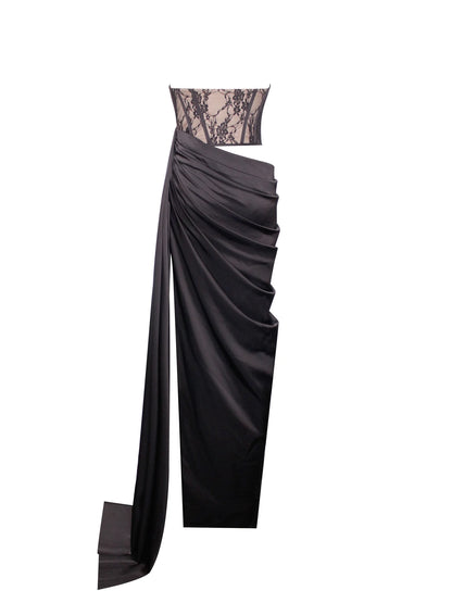 PRE-ORDER Donatella Black Lace Satin Corset High Slit Gown