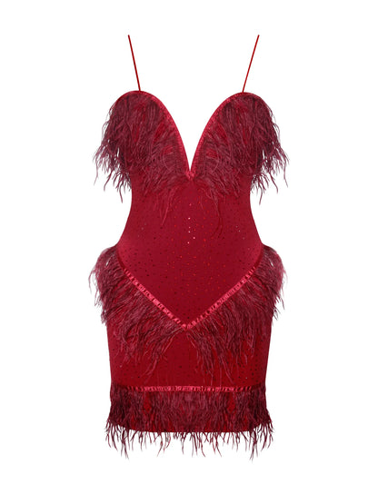 PRE-ORDER Mariah Crystal and Fur Red Stretch Crepe Dress x Red
