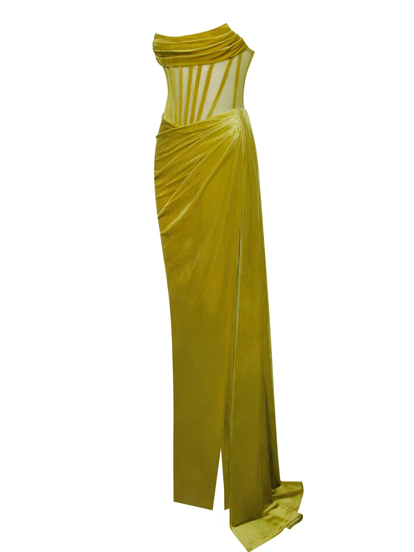 Catalina Gold Draping Corset High Slit Velvet Gown