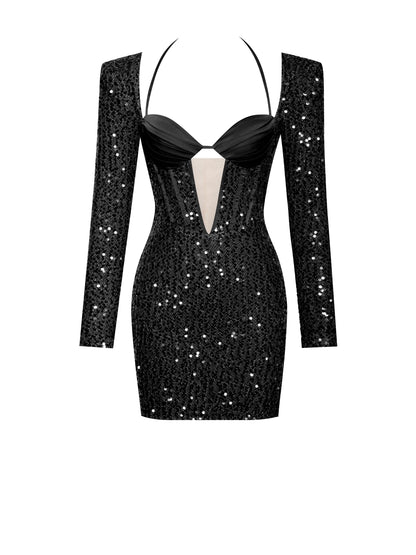 PRE-ORDER Claudia Long Sleeve Sequin Dress x Black
