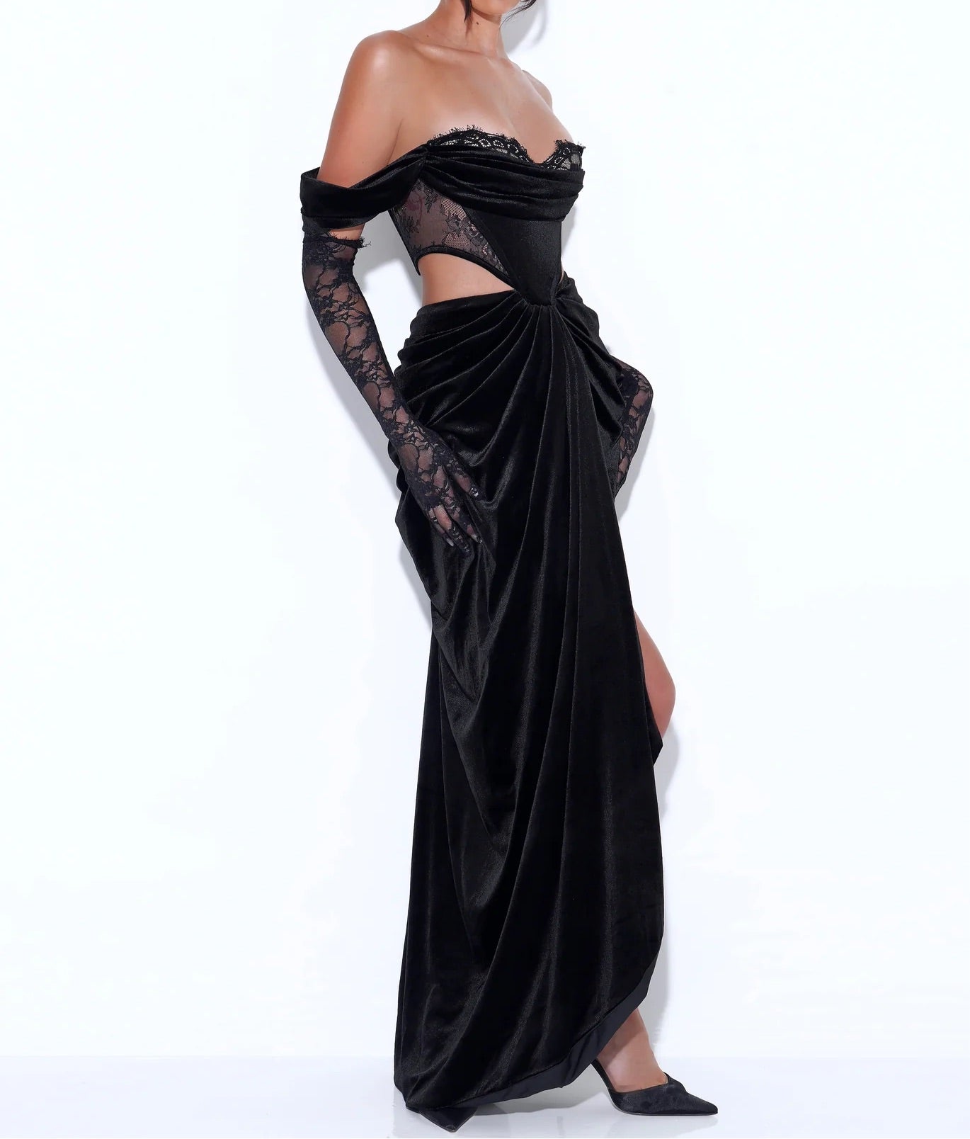 PRE-ORDER Donatella Lace Velvet Corset Off Shoulder Gown x Black