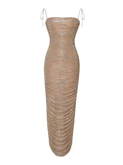 Aubrey Ruched Shimmer Chiffon Gown X Gold