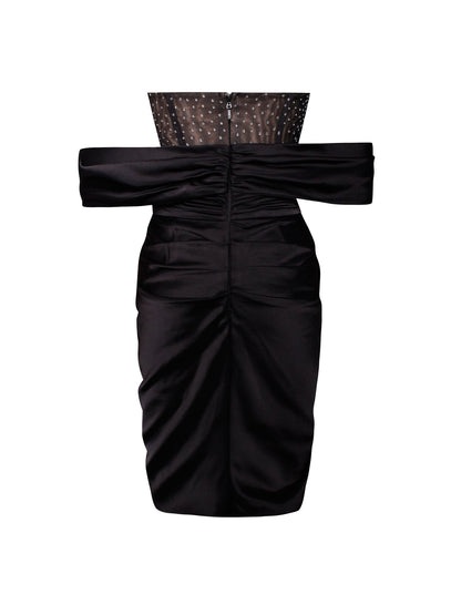 PRE-ORDER Elena Off Shoulder Corset Satin Dress with Crystals x Black