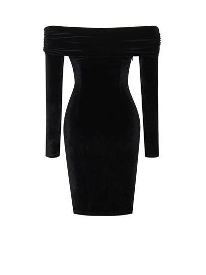 PRE-ORDER Gloria Off Shoulder Velvet Long Sleeve Bodycon Dress x Black