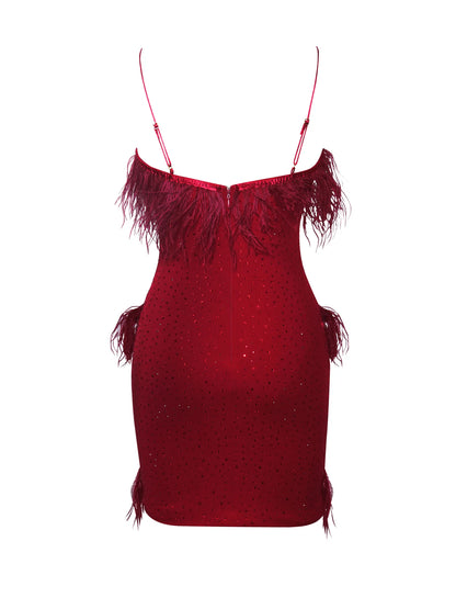 PRE-ORDER Mariah Crystal and Fur Red Stretch Crepe Dress x Red