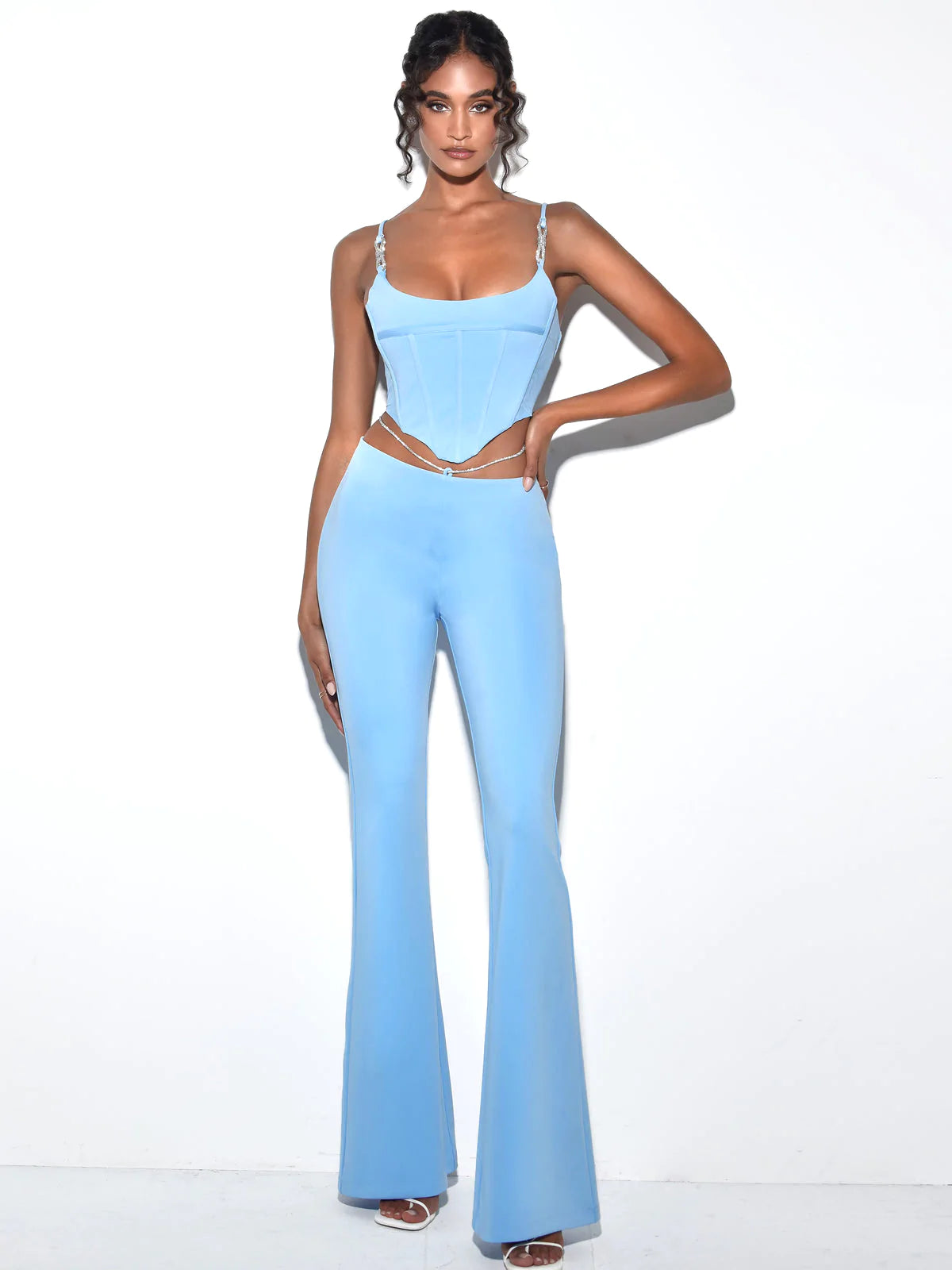 PRE-ORDERS Fulani Powder Blue Crystal Waist Strap Flare Pants
